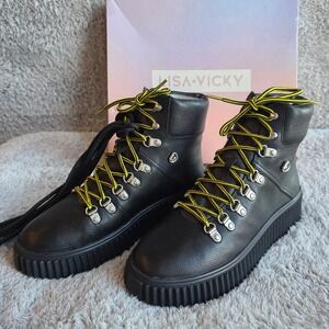 Lisa Vicky Black Milled Leather Ankle Boots Moto Army Lace Up Lug‎ Women's 8.5M